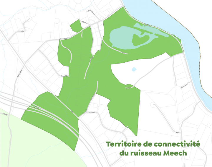 Carte du territoire de connectivité du ruisseau Meech qui démontre les lots en font partie entre la rivière Gatineau et le parc de la Gatineau